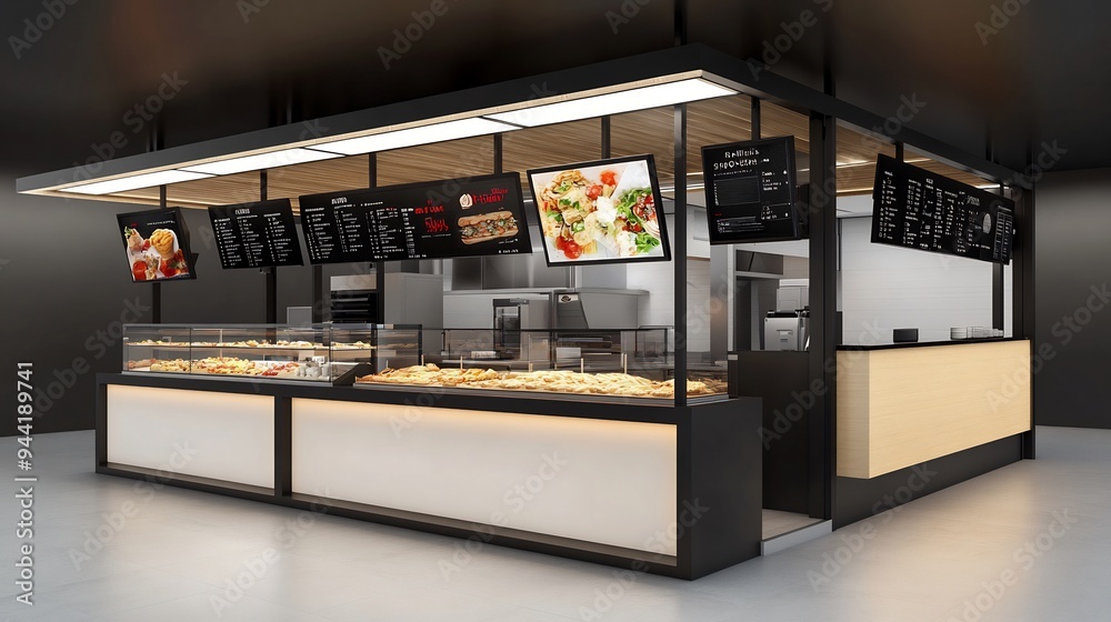 Modern Food Kiosk with Display Screens and Menu Modern Food Kiosk with Display Screens and Menu