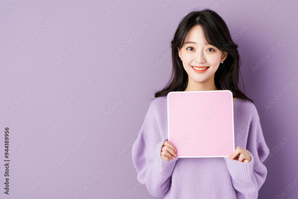 A cheerful woman holding a blank pink sign in front of a purple background, radiating joy and creativity. A cheerful woman holding a blank pink sign in front of a purple background, radiating joy and creativity.