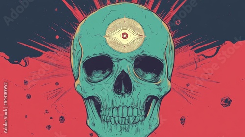 A Skull with a Third Eye and Surrounding Red and Black Splashes photo