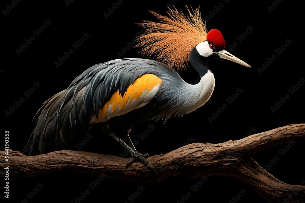 Fototapeta premium Grey Crowned Crane Bird, Perched on a Branch with Black Background, Photo Realistic, Wallpaper, Cover and Screen for Smartphone, Cell Phone, Computer, Laptop, 9:16 and 16:9 Format