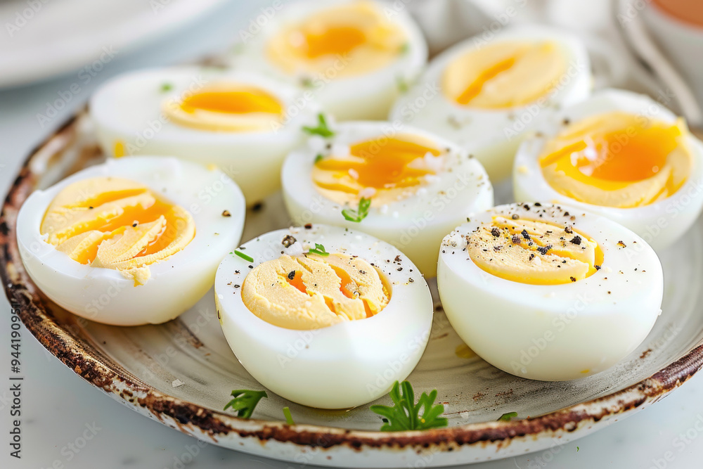 A delicious plate of perfectly cooked soft-boiled eggs, garnished with herbs and spices, ideal for breakfast or healthy snacks. A delicious plate of perfectly cooked soft-boiled eggs, garnished with herbs and spices, ideal for breakfast or healthy snacks.