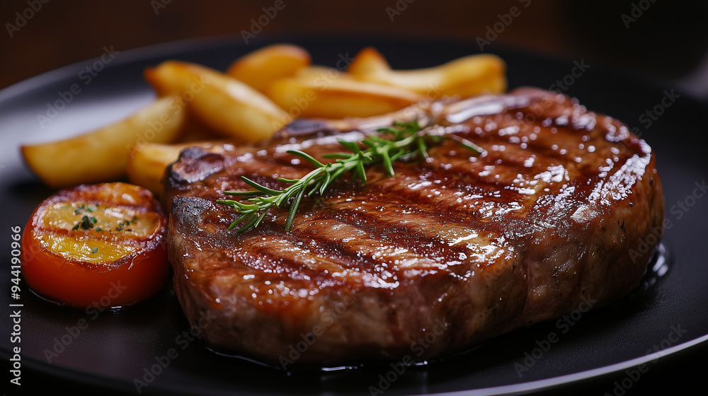 Juicy appetizing fried beef steak on a wooden board. Top view. Beef steak with herbs and spices and vegetable. Red meat. AI generation Juicy appetizing fried beef steak on a wooden board. Top view. Beef steak with herbs and spices and vegetable. Red meat. AI generation