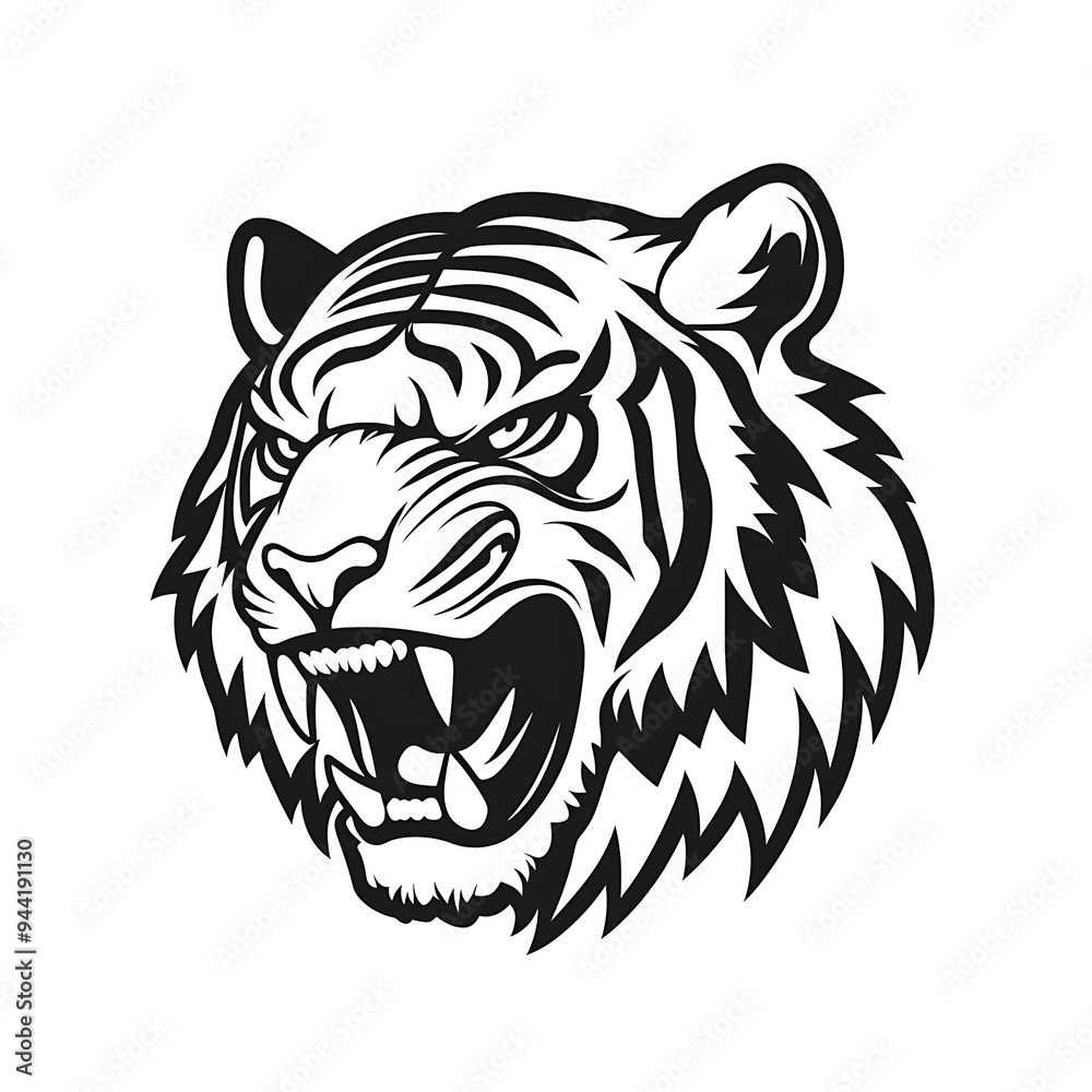 A black and white illustration of a tiger's face with its mouth open in a menacing snarl. A black and white illustration of a tiger's face with its mouth open in a menacing snarl.