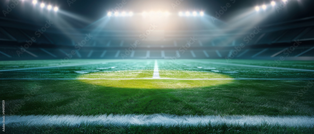 A dramatic view of an empty sports field, illuminated by bright stadium lights, perfect for showcasing athletic events. A dramatic view of an empty sports field, illuminated by bright stadium lights, perfect for showcasing athletic events.