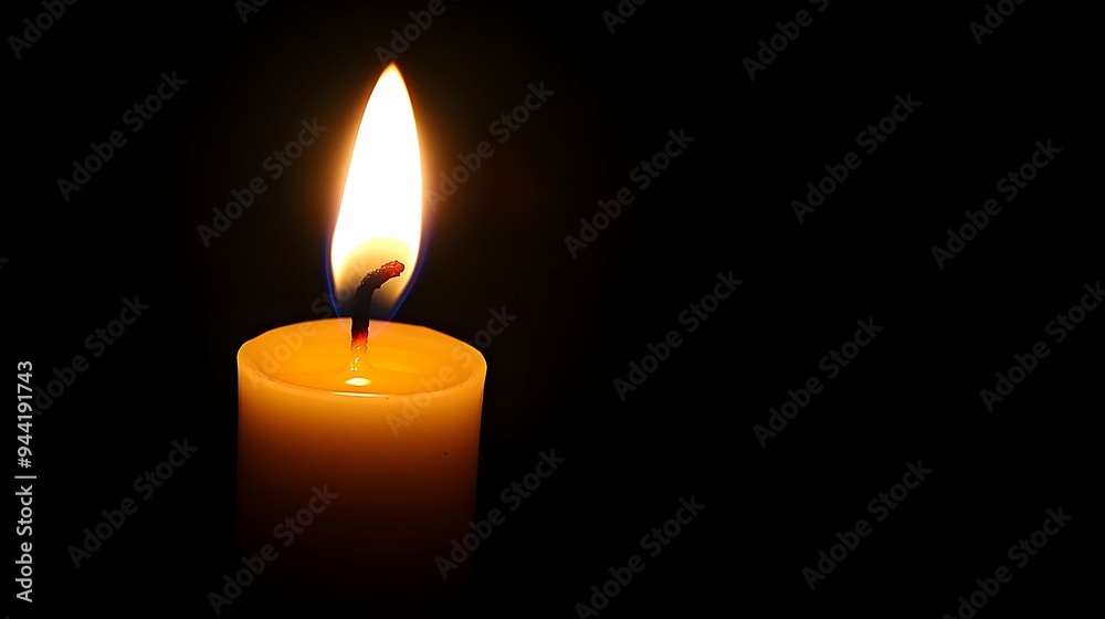 Close up single candle light and flame on black background Close up single candle light and flame on black background