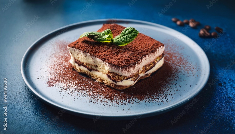 tiramisu with mint leaf on blue texture background
tiramisu with mint leaf on blue texture background