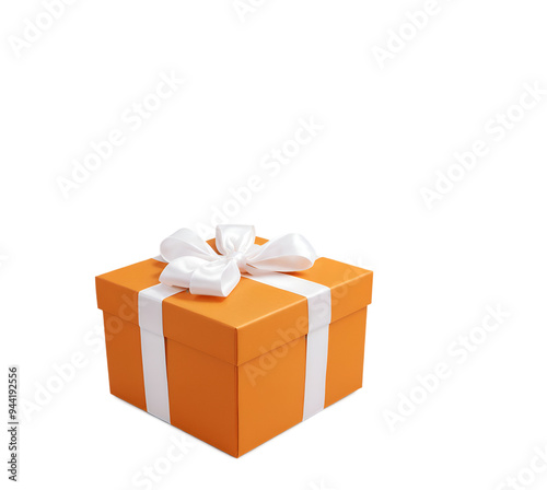 orange gift box with white bow, isolated on transparent background, thanksgiving day, christmas, birthday, anniversary, Valentine.