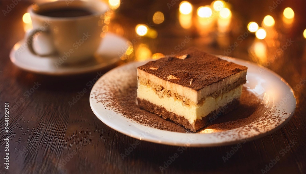 tiramisu on a plate with a cup of coffee on the table against a yellow bokeh background with lights.
tiramisu on a plate with a cup of coffee on the table against a yellow bokeh background with lights.