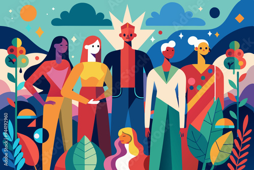 An abstract painting showcases a group of diverse, colorful, and indistinct figures standing together, representing unity, diversity, and shared human experience in a vibrant artistic style.
