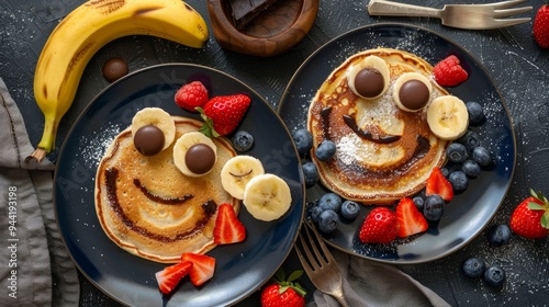 American pancakes decorated like smile and happy faces with strawberries, chocolate, blueberries and banana. Food for kids, playful and creative. Top view.  photo