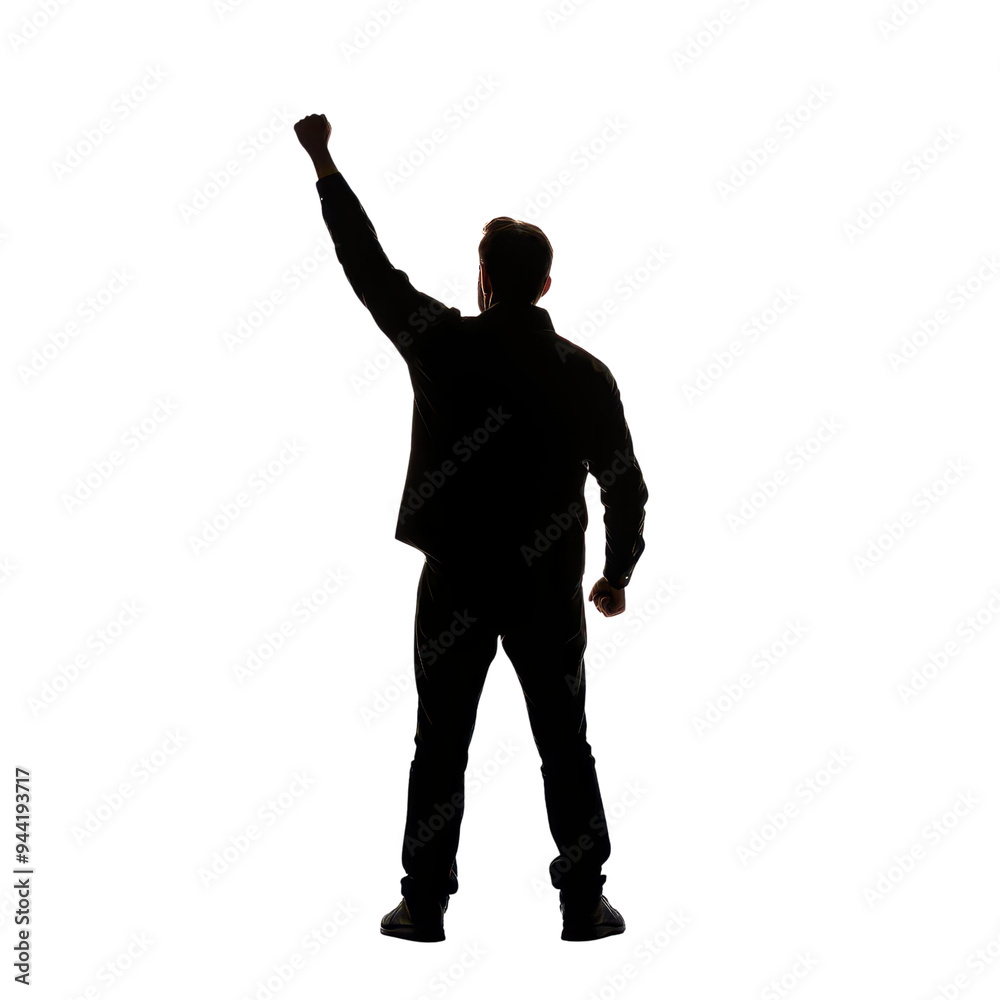 A silhouetted figure raises a fist in a powerful gesture of strength and defiance against a plain background isolate on transparency background A silhouetted figure raises a fist in a powerful gesture of strength and defiance against a plain background isolate on transparency background
