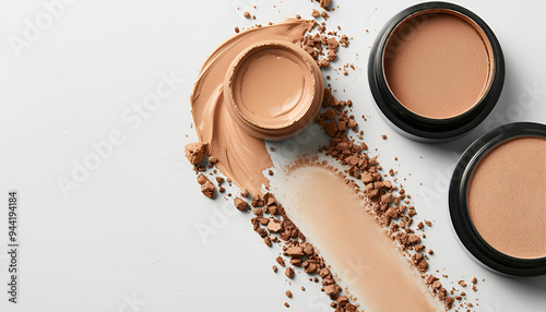 Close up view of Cosmetic liquid foundation with powder on white background