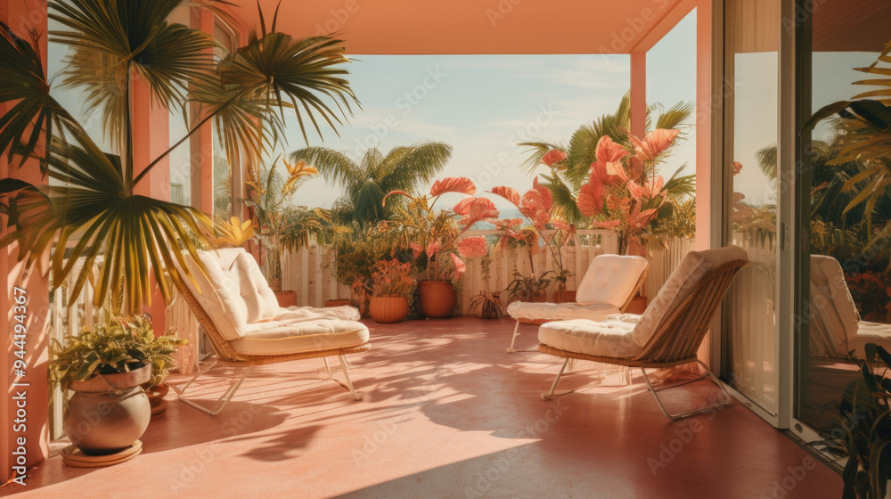 Fototapeta premium Cozy outdoor terrace with lush tropical plants and pink furniture
