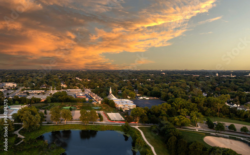 Aerial view Beautiful sunset of Wheaton, Illinois DuPage County