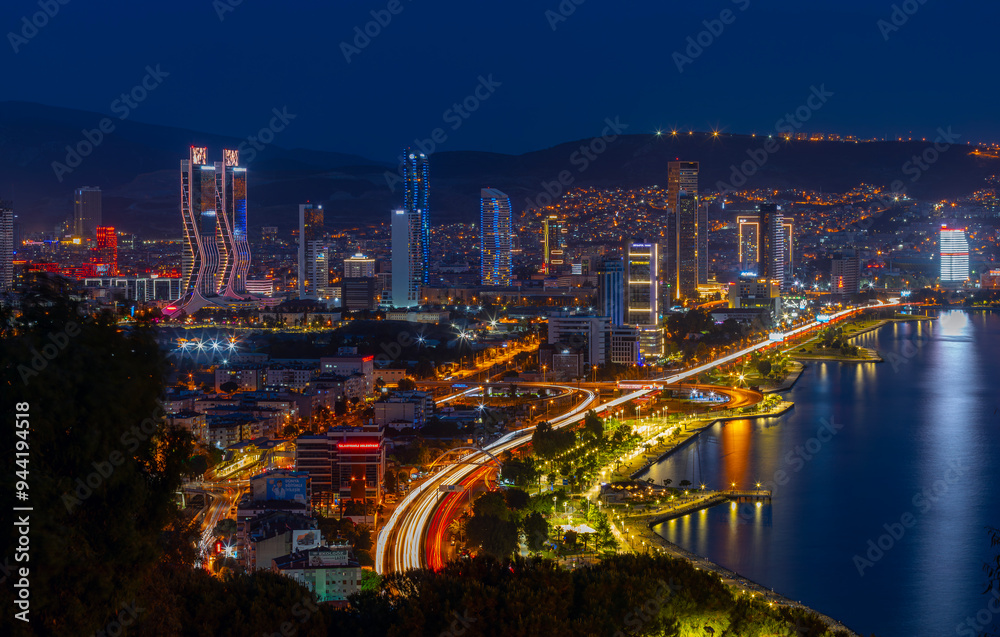 View of Izmir Bay in the evening from the high hill of Bayrakli. Long exposure, low light.