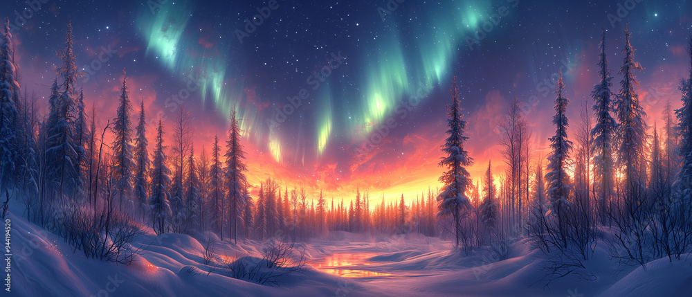 A stunning view of the Northern Lights over a snow-covered forest, with the aurora borealis illuminating the night sky in vibrant colors. A stunning view of the Northern Lights over a snow-covered forest, with the aurora borealis illuminating the night sky in vibrant colors.