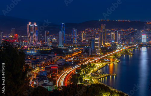 Obraz na płótnie View of Izmir Bay in the evening from the high hill of Bayrakli. Long exposure, low light. w salonie