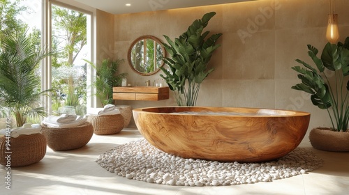 Modern wooden bathtub in serene, sunlit bathroom with lush greenery and natural pebbles indoors.