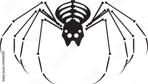 Decayed Halloween huge spider with dried skeleton bones, fairy tale creepy character. Scary ancient fossil of huge spider. Simple black and white Vector isolated on white background
