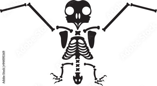 Decayed Halloween flying eagle owl with dried skeleton bones, fairy tale creepy character. Scary ancient fossil of flying eagle owl. Simple black and white Vector isolated on white background