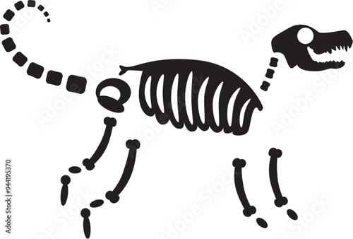 Decayed Halloween angry dog with dried skeleton bones, fairy tale creepy character. Scary ancient fossil of angry dog. Simple black and white Vector isolated on white background