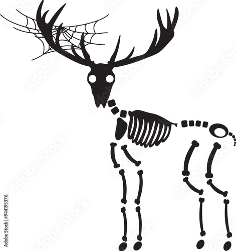 Decayed Halloween ancient deer with dried skeleton bones, fairy tale creepy character. Scary ancient fossil of ancient deer. Simple black and white Vector isolated on white background