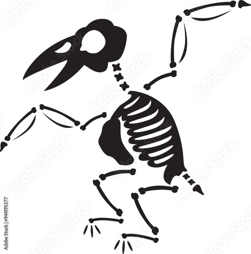 Decayed Halloween flying croaking raven bird with dried skeleton bones, fairy tale creepy character. Scary ancient fossil of raven. Simple black and white Vector isolated on white background