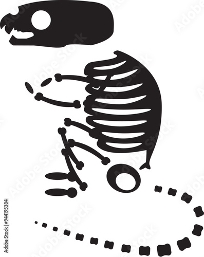 Decayed Halloween scared rat with dried skeleton bones, fairy tale creepy character. Scary ancient fossil of scared rat. Simple black and white Vector isolated on white background