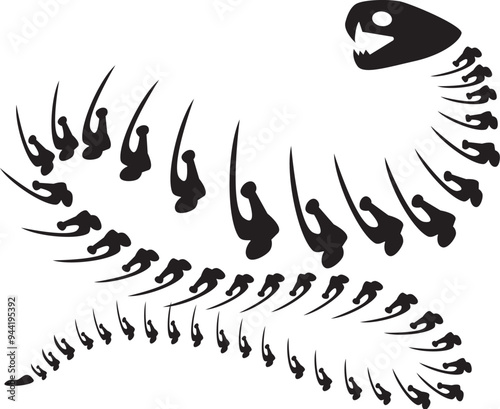 Decayed Halloween poisonous aggressive snake with dried skeleton bones, fairy tale creepy character. Scary ancient fossil of snake. Simple black and white Vector isolated on white background