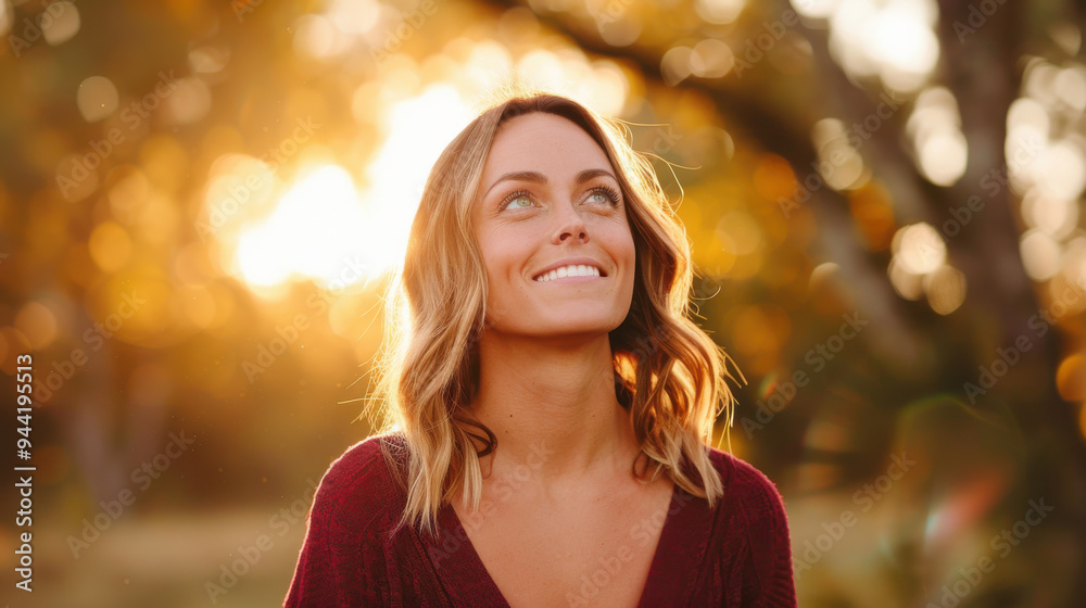 A serene woman smiles while basking in the warm glow of a sunset, surrounded by nature's beauty and tranquility. A serene woman smiles while basking in the warm glow of a sunset, surrounded by nature's beauty and tranquility.