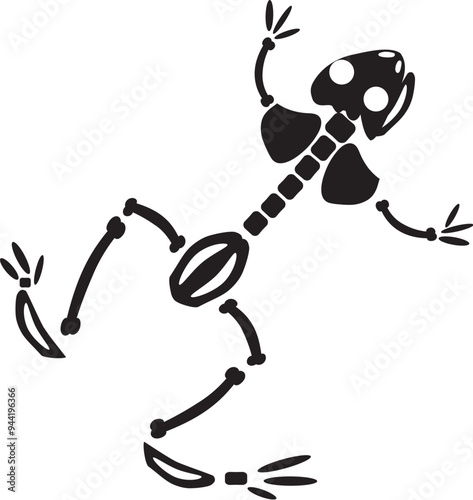 Decayed Halloween jumping frog with dried skeleton bones, fairy tale creepy character. Scary ancient fossil of jumping frog. Simple black and white Vector isolated on white background