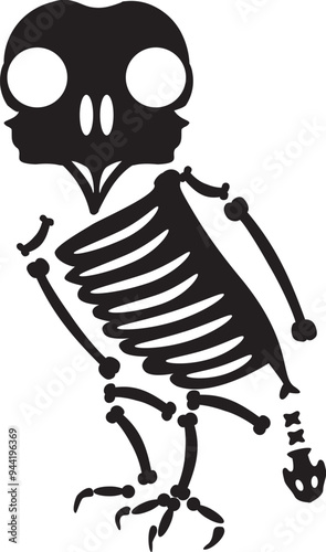 Decayed Halloween sitting owl bird with dried skeleton bones, fairy tale creepy character. Scary ancient fossil of sitting owl bird. Simple black and white Vector isolated on white background