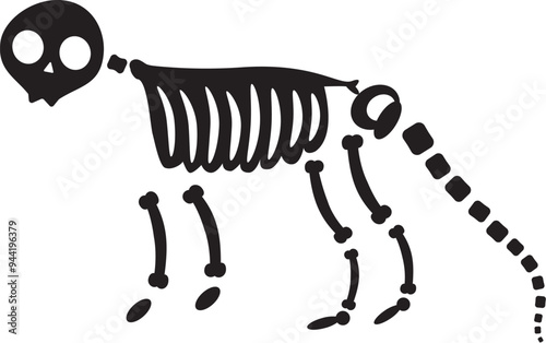 Decayed Halloween curious fox animal with dried skeleton bones, fairy tale creepy character. Scary ancient fossil of curious fox. Simple black and white Vector isolated on white background
