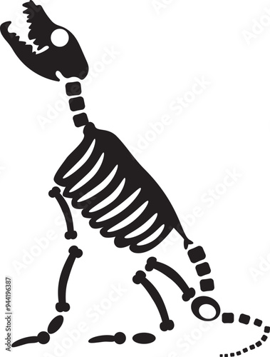 Decayed Halloween wolf howls at moon with dried skeleton bones, fairy tale creepy character. Scary ancient fossil of wolf howls moon. Simple black and white Vector isolated on white background