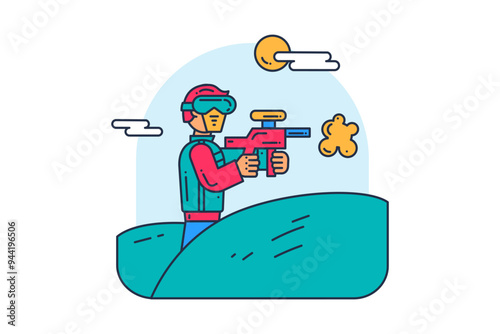 Young extreme athlete in protective uniform shoots paintball gun from cover at enemy. Extreme sports and active lifestyle. Simple colored stroked vector icon isolated on white background