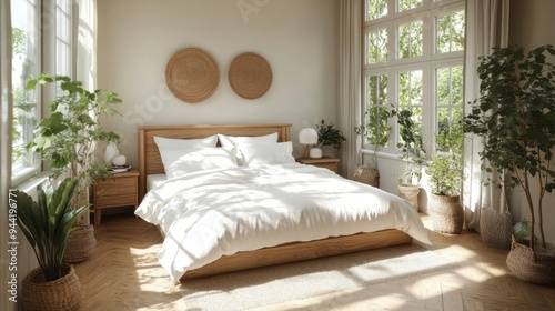 Sunlit bedroom with white linens and indoor plants creating a peaceful, natural ambiance.