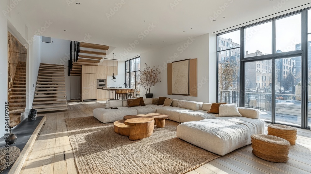 Modern spacious living room with natural light, wooden furniture, and large windows in an urban setting. Modern spacious living room with natural light, wooden furniture, and large windows in an urban setting.