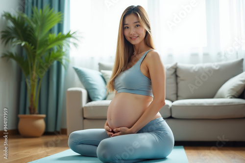Free Download photo of pregnant woman doing yoga pose relaxing activity, generative AI - GFXLoad