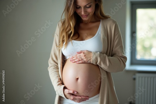 photo of pregnant woman happy calming at her living room with curtain in background, generative AI
