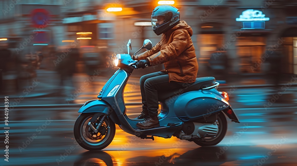 A man rides a blue scooter through a city street at night, with the city lights reflecting in the wet pavement. A man rides a blue scooter through a city street at night, with the city lights reflecting in the wet pavement.