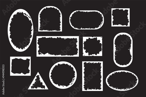 Large kit of round, square and oval torn paper frames. Collection of borders for photos and certificates. Set of black and white grunge frames isolated on black background