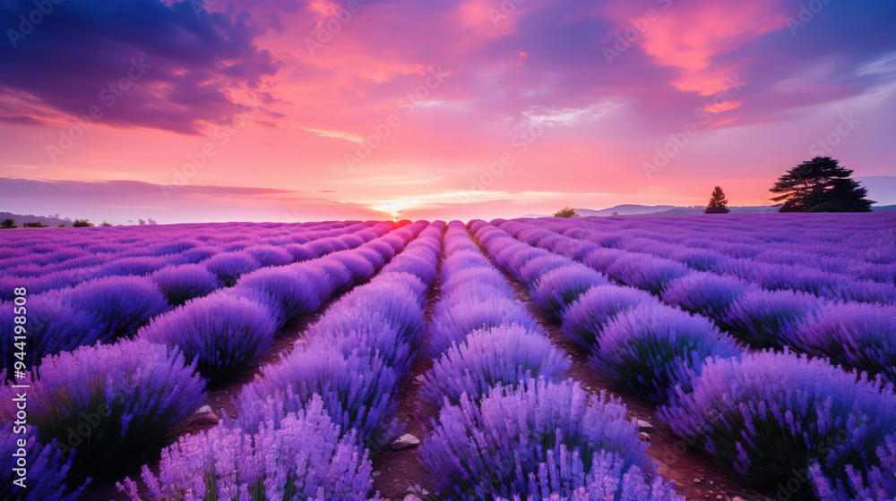 Stunning Sunset Over a Lavender Field in the French Countryside Stunning Sunset Over a Lavender Field in the French Countryside