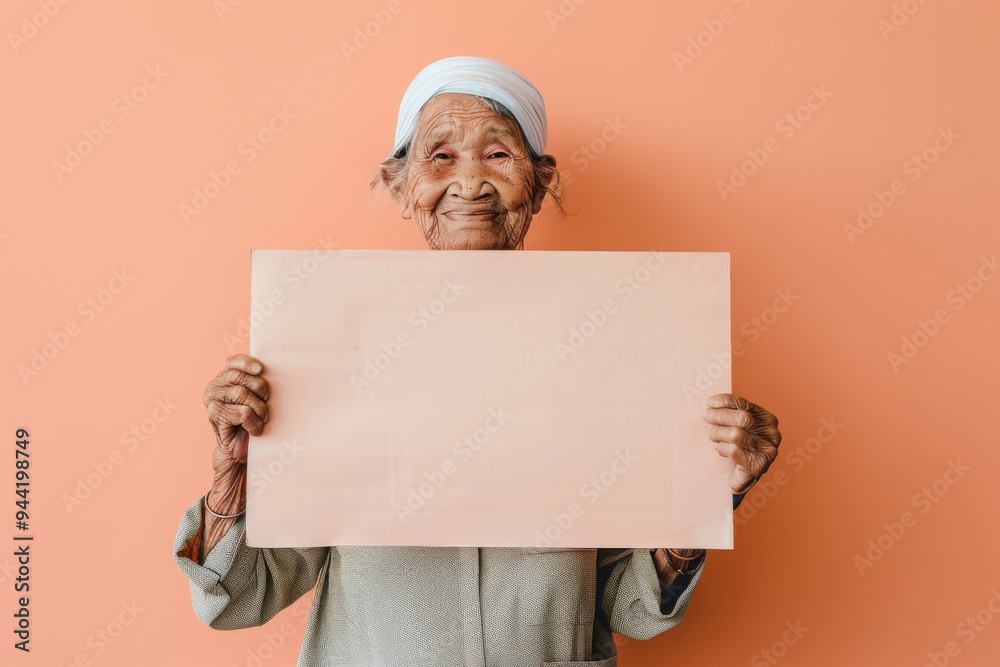 An elderly woman smiles while holding a blank sign, offering a warm and inviting presence against a soft peach background.