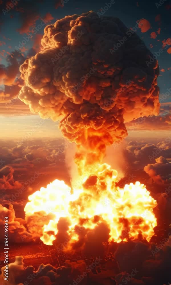 A large, orange mushroom cloud is rising into the sky. The sky is filled with clouds and the sun is setting. Concept of destruction and chaos, as the mushroom cloud is a symbol of a nuclear explosion
