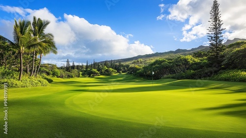 Tropical Golf Course with Lush Greenery and Blue Skies