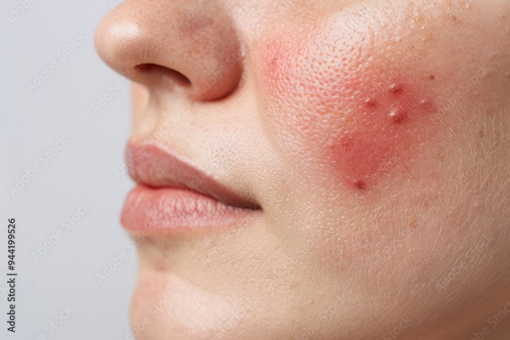 Close-up of a woman's face showing an acne spot on her cheek, highlighting skin texture and blemish treatment needs.
