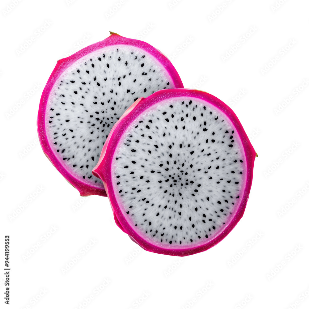 Two halved dragon fruits showcase white flesh dotted with black seeds, highlighting their vibrant pink exterior for culinary inspiration. Transparent background PNG Two halved dragon fruits showcase white flesh dotted with black seeds, highlighting their vibrant pink exterior for culinary inspiration. Transparent background PNG