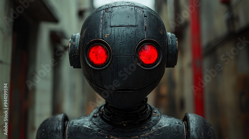 An animatronic robot with a mysterious and scary appearance, invoking horror and fear. It could be used in a haunted house or a science fiction setting. photo