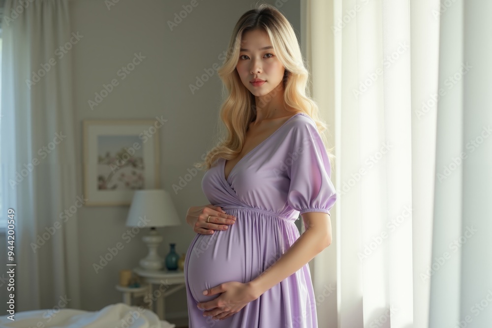 photo of pregnant woman happy calming at her living room with curtain in background, generative AI photo of pregnant woman happy calming at her living room with curtain in background, generative AI