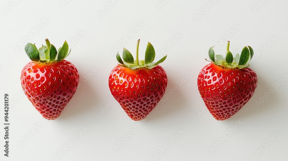Three Ripe Strawberries with Green Leaves on a White Background Three Ripe Strawberries with Green Leaves on a White Background